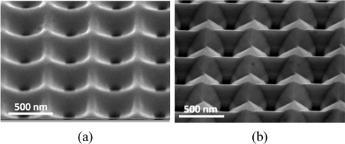SEM images of the 250-nm-deep nano-hole arrays fabricated by ICP-RIE (a) before and (b) after KOH wet etching.