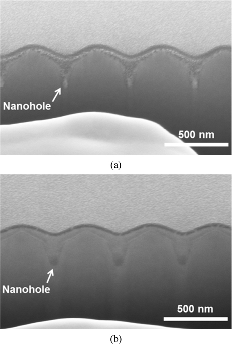 Cross-sectional SEM images of the nano-holes (a) before and (b) after KOH wet etching. The white parts are Pt protection layers deposited during the FIB process. Clean sidewalls of the nano-holes are observed after wet etching as in Fig 3(b).