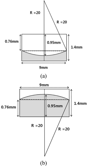 Schematic drawing of the curved interface: (a) concave, (b) convex.