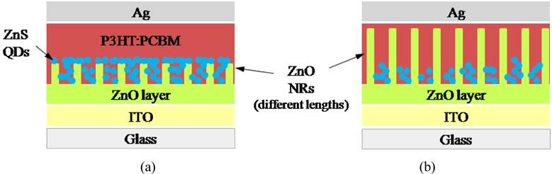 Schematic structure of QDSSCs based on ZnO NRs with different lengths (a) short NRs, in this structure ZnS QDs cover top area of NRs, (b) long NRs, in this structure ZnS QDs cover the lower parts of NRs.