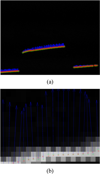 The centers image and amplified image of the laser line in Fig. 3 obtained from the center extraction method based on the normalization model. (a) Original image, (b) Amplified image.