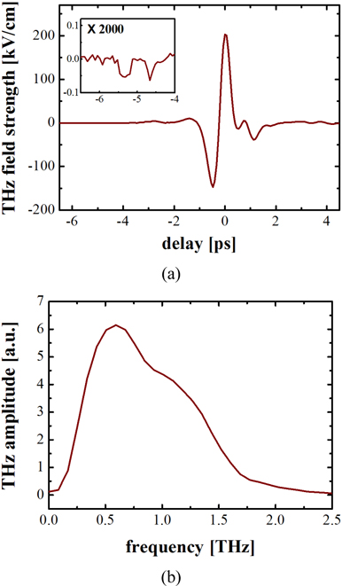 Characteristics of single-cycle THz pulse. (a) Temporal profile of the THz pulse measured by electro-optic sampling and the 2000-fold magnification of the leading edge of the temporal THz waveform in y-axis (inset) and (b) the corresponding spectrum obtained by fast Fourier transform.