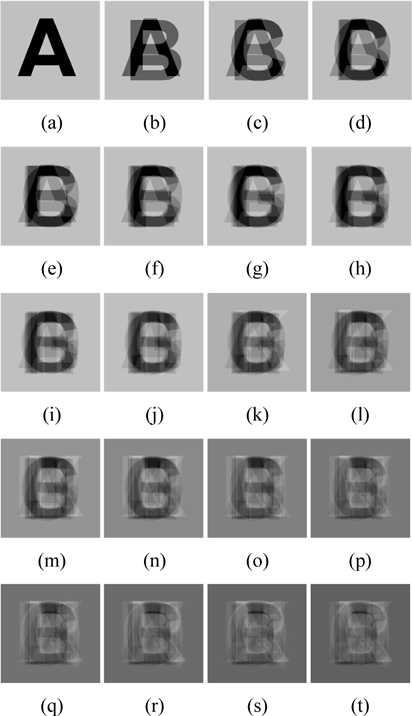 Simulated results of decryption of DRPE-based accumulation encoding when no decoding is used: (a)-(t) 1st-20th decrypted images.