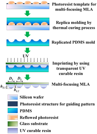 Schematic illustrations showing the fabrication process of the multi-focusing MLA made with the thermally reflowed photoresist template.