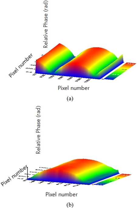 (a) 3D surface map of 200-lpi cylindrical lenticular lens obtained by using the transmissive laser interferometer (b) 3D surface map of 140-lpi cylindrical lenticular lens obtained by using the transmissive laser interferometer.