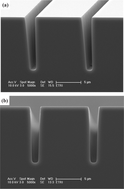 The (a) side and (b) cross-wall sectional SEM images of the etched silicon in the SF6/O2 plasma.