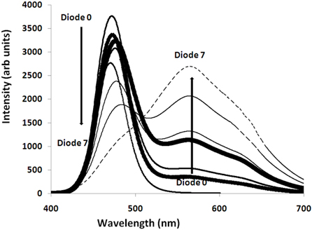 Emission spectra of LED0- LED7. LED0 represents the uncoated blue diode, while LED 7 represents the diode with white emission. LED2-LED6 occupy intermediate positions described in Table 1.