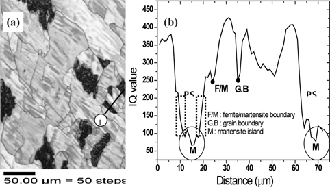 IQ map of the dual phase steel, where the black areas correspond to low quality of the EBSD patterns: (a) the black regions depict martensite, and the gray and white regions, ferrite matrix. L indicates the scan line for the IQ profile, and (b) the line profile for the IQ value across the martensite islands, and deformed region around the martensite (P.S. = plastic shell).