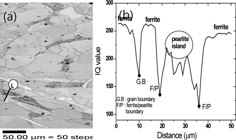 IQ map and IQ value profile of the ferrite/pearlite steel, where the dark areas correspond to relatively low quality of the EBSD patterns. (a) The dark gray regions depict pearlite, and the light gray and white regions, ferrite matrix. L indicates the line for line scanning, for the IQ value line profile and (b) line profile of the IQ value across the pearlite, in a part of Figure 2(a).