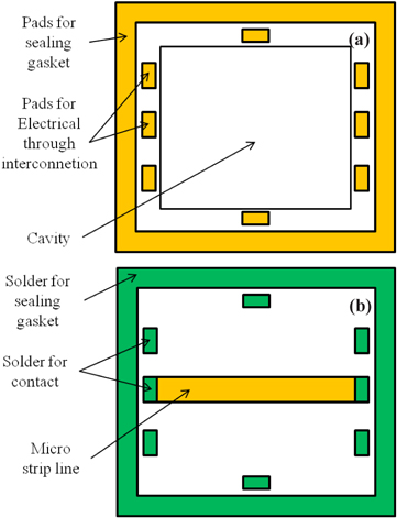 Schematics of (a) the package wafer, and (b) the dummy wafer with micro strip line.