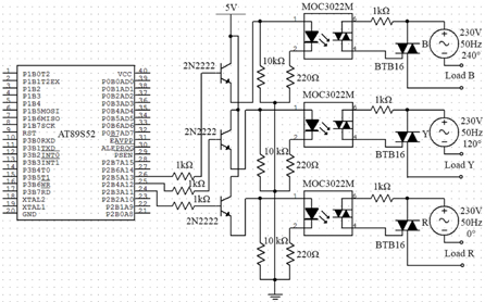 Microcontroller, optocouplers and triacs circuit.