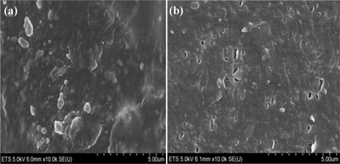 SEM micrograph of (a) PE/O-MMT and (b) PE/O-MMT/PEMA nanocomposites.
