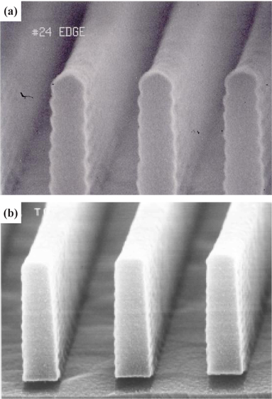 Cross-sectional SEM images of PR profile for (a) 0.13-μm-device and (b) 0.18 μm-device, in which the standing wave is observed in (a).