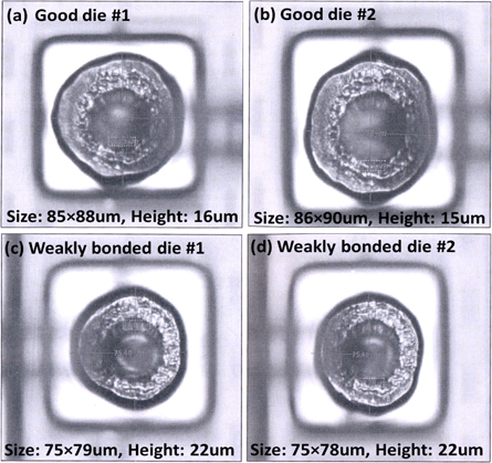 Microscopic images of measured ball diameters and heights for good and weakly bonded dies before the ball sheer test (BST).