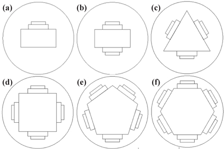 Numerical models with the different numbers of LED modules (a) model 1, (b) model 2, (c) model 3, (d) model 4, (e) model 5, and (f) model 6.