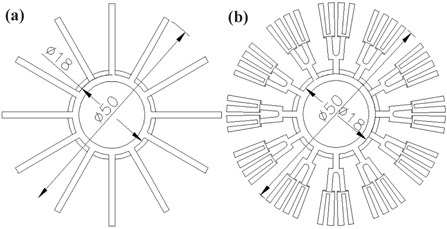 Numerical models with the different shapes of heatsink fins (a) model 7 and (b) model 8.
