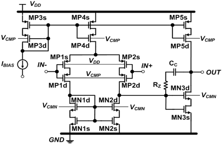 Circuit diagram of the two-stage OPAMPs using the optimized SC structures.