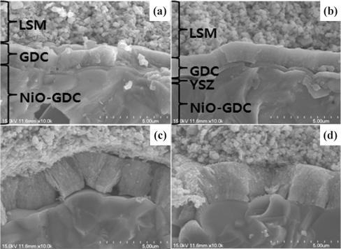 FESEM image of cross-sectional view of the (a) cell with GDC single layer electrolyte, and (b) to (d) GDC/YSZ bilayer electrolyte single cell.