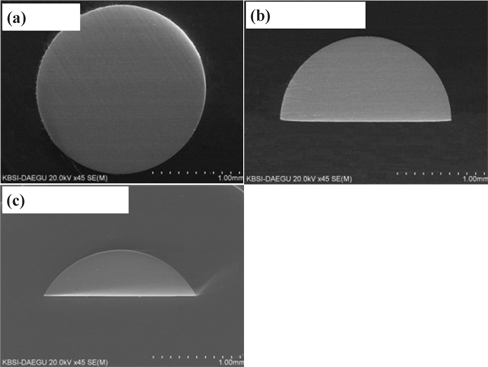 SEM micrographs of Cu wire with different cross-section shapes; (a) circle, (b) semi-circle, and (c) semi-ellipse.