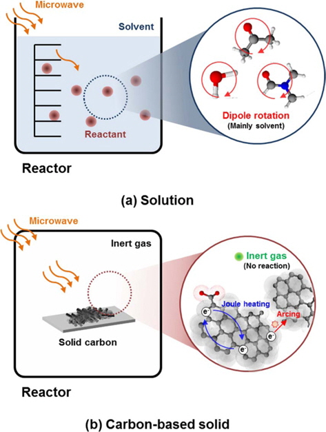 Mechanism of microwave heating for (a) polar solution and (b) solid carbon.