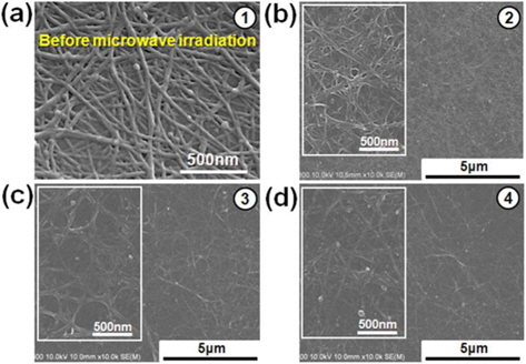 Scanning electron microscope images of microwave welded single-wall carbon nanotube films (a) before and after microwave irradiation for (b) 7, (c) 9, or (d) 12 s at 40 W [15]. Reprinted with permission from [15]. Copyright ⓒ 2012, AIP Publishing LLC.