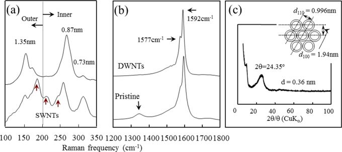 (a) Low-frequency and (b) high-frequency Raman spectra for as-grown and purified double walled carbon nanotubes (DWCNTs), respectively, and (c) X-ray diffraction pattern (inset is stacking feature of DWCNTs). SWCNTs: single walled CNTs. Reprinted from Kim et al. [10] with permission from Wiley-VCH.