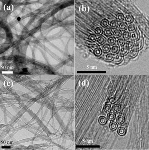 Low-resolution (a) and high-resolution cross-sectional (b) transmission electron microscopy (TEM) images of the pristine double walled carbon nanotubes (DWCNTs) and low-resolution (c) and high-resolution cross-sectional (d) TEM images of the fluorinated DWCNTs. Reprinted from Muramatsu et al. [29] with permission from The Royal Society of Chemistry.