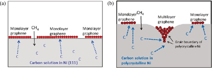 Schematic showing why the complete monolayer growth of graphene is difficult when segregated growth occurs. Reprinted (adapted) with permission from [25]. Copyright ⓒ 2010, American Chemical Society.