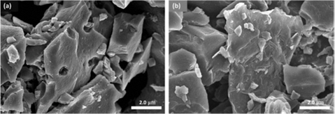Scanning electron microscope images of electrodes: (a) activated carbon (AC) (b) AC- reduced graphite oxide.