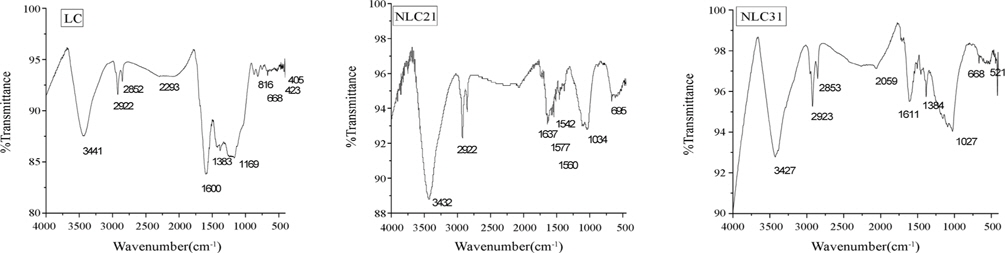 Fourier transform infrared spectra for carbonized HF-leached rice husk and two selected NaOH-activated carbons (NLC21 and NLC31).