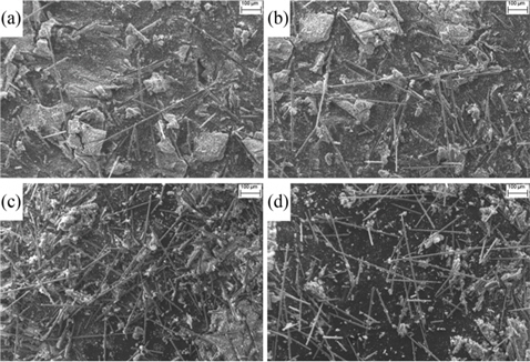 Scanning electron microscope micrographs of ball milled samples of carbon fibers and silicon carbide, (a) TSM-01, (b) TSM-02, (c) TSM-03, (d) TSM-05.