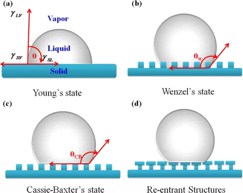 Liquid droplet spreading on (a) flat surface (b) and rough surface (b-d). Depending on the roughness of the surface, the droplet is either in the so-called (a) Young, (b) Wenzel, or (c) Cassie-Baxter state; (d) example of re-entrant morphology (color figure available online).
