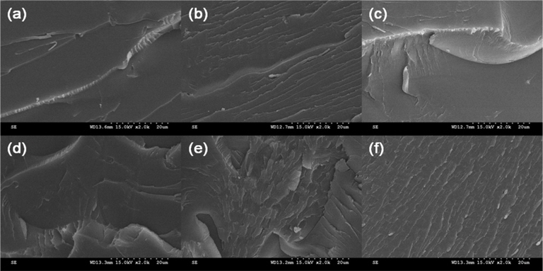 Scanning electron microscope images of graphene oxide (RGO)/epoxy nanocomposites; (a) RGO-0, (b) RGO-0.1, (c) RGO-0.2, (d) RGO-0.3, (e) RGO- 0.4, and (f ) RGO-0.5.