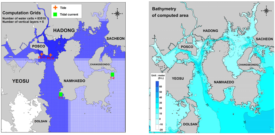 Computational grid system and bathymetry in study area