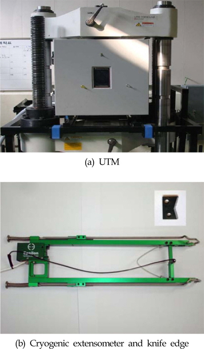 Photography of UTM (Universial testing machine; SHIMADZU, UH-1000KNI with cryogenic chamber) and Cryogenic extensometer and knife edge (3542-050M-100-LT)