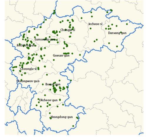 The location of 346 survey sites in Chungbuk Province, 2013.