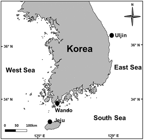 A map showing three sampling sites, Korea.