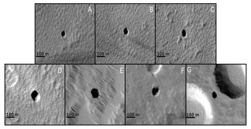 Seven cave candidates around Tharsis Montes on Mars (A~G). Using Context Camera (CTX) on Mars Reconnaissance Orbiter (MRO). (Credited: NASA/JPL/Arizona State University)