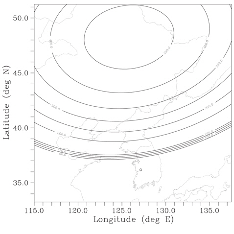 Schematic representation of our Daejeon coherent scatter radar experiments in South Korea. The small circle represents the location of the radar. The horizontal curves are the loci where the radar ray paths are perpendicular to the geomagnetic field at E- and F-region altitudes.