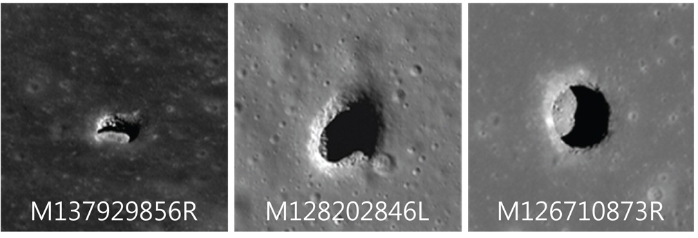 Lunar large scale pit craters. Marius hills(left), Mare Ingenii(center), Mare Tranquillitatis(right).