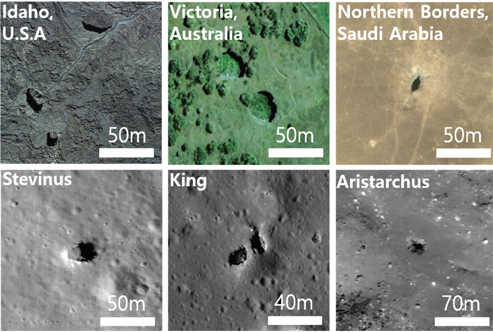 Comparison of terrestrial and lunar pit craters. We can find similarity of edge shape.