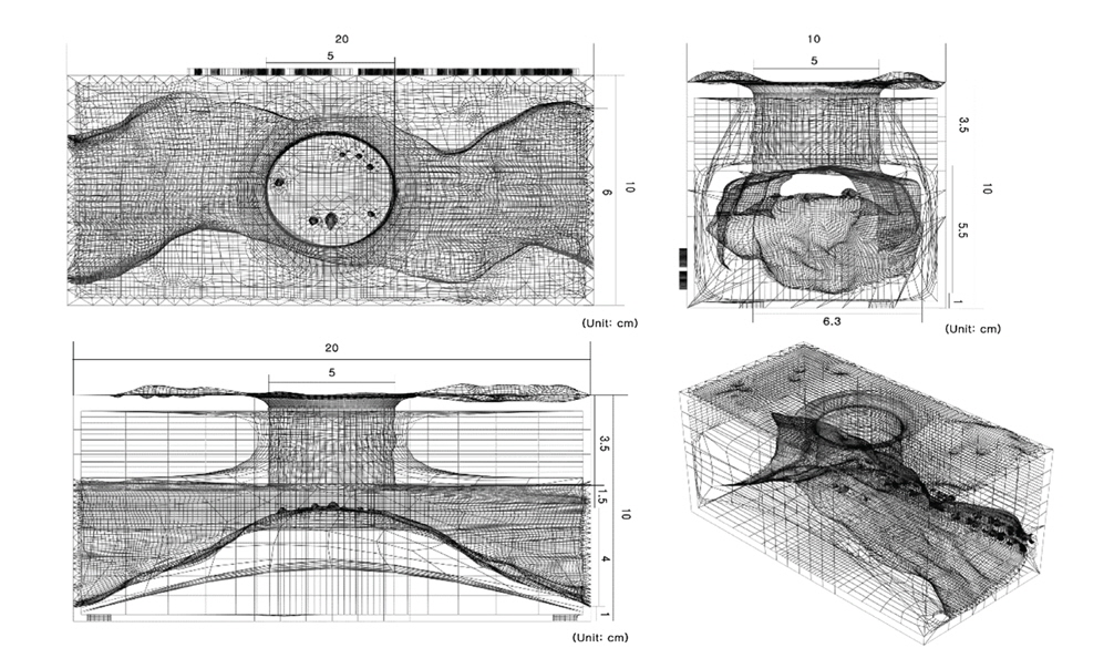 Lunar large scale pit crater 3D model. Ground plan(upper left), Sectional view(upper right, lower left), side view(lower right). The internal volume of the ceiling collapsed on the slope had to insert calculation results. Cross section of lava tube is bigger than diameter of pit crater.