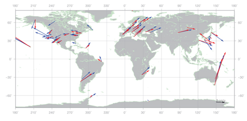 Velocity map of ITRF2008 (blue) and combined TRF (red) in this study.