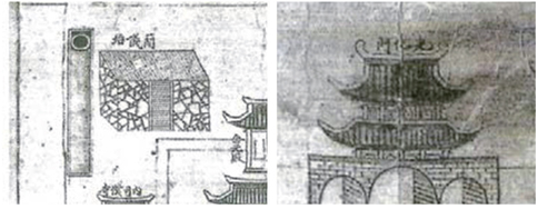 Ganui-Dae in 『Gyeongbokgung-Do』 of Sotheby's (left ) and Enlarged Picture of Gwanghwamun in the Map (right).