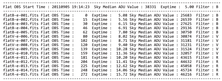 Sample of the log file saved after the AutoFlat observation. This enables the observer to check the progress of the observation of AutoFlat program.