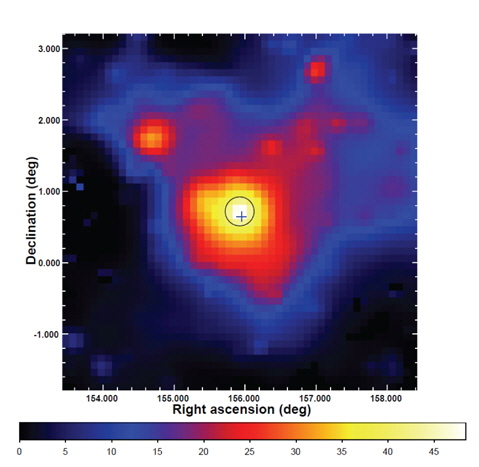 TS map of a region of 5？×5？ centered at the position of PSR J1023+0038 (labeled by the cross) as observed by Fermi LAT. γ-rays with energies between 200 MeV and 20 GeV were used. The 95% confidence- level error circle of the best-fit position of the γ-ray emission is also shown. (see Tam et al. 2010).
