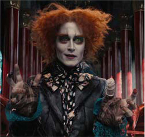 The Hatter wearing colorful scarf in addition to make-up on a white face. 2010 Movie “Alice In Wonderland”official DVD(June 14, 2013)