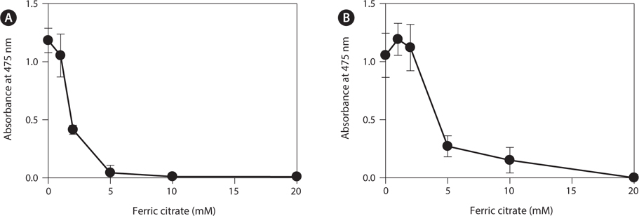 Effects of ferric citrate on the viability of tissues from the crustose alga Lithophyllum yessoense (A) and articulated alga Corallina pilulifera (B). Viability was measured based on the absorbance at 475 nm; the values are expressed as the mean ± SD of at least three independent assays.