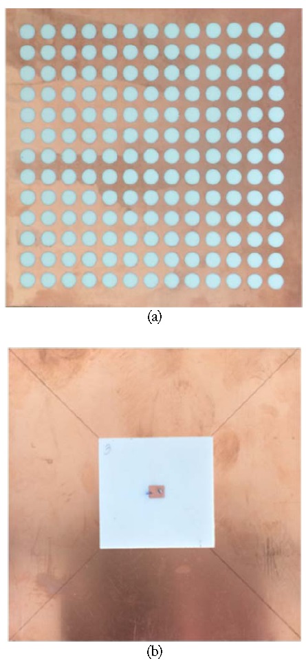 Photograph of the fabricated antenna with (a) top view of the FSS and (b) top view of the feeding patch with the ground plane.