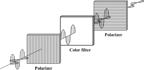 Schematic diagram of light leakage by the color filter under crossed polarizers.